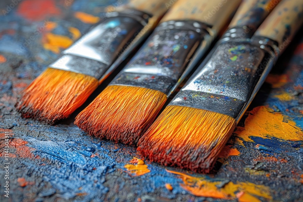 Close-up of Paintbrushes on a Palette with Dried Paint Close-up of Paintbrushes on a Palette with Dried Paint