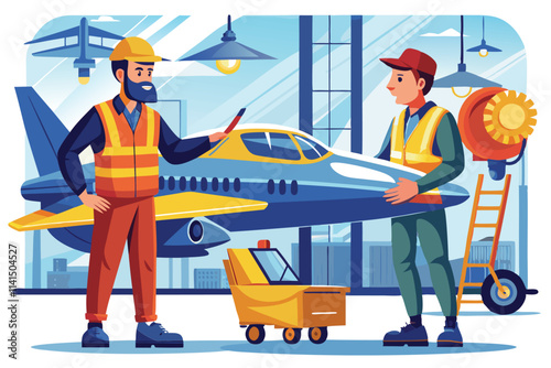 Two engineers discuss jet maintenance plans while standing near an aircraft in a spacious hangar, Engineer planning with mechanician maintenance jet,