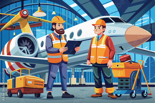 Engineers discuss jet maintenance while standing beside an aircraft in a spacious hangar, Engineer planning with mechanician maintenance jet,