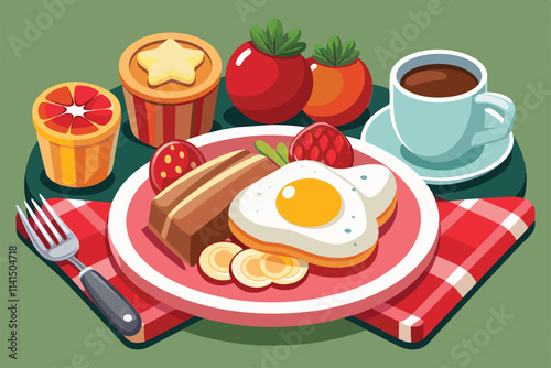 A delicious spread featuring eggs, fruit, pastries, and coffee on a vibrant picnic blanket, English breakfast Customizable Cartoon Illustration