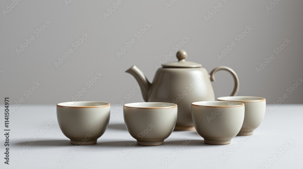 Delicate gray Chinese tea set is beautifully arranged on a minimalist table, inviting warmth and tranquility for gatherings and celebrations Delicate gray Chinese tea set is beautifully arranged on a minimalist table, inviting warmth and tranquility for gatherings and celebrations