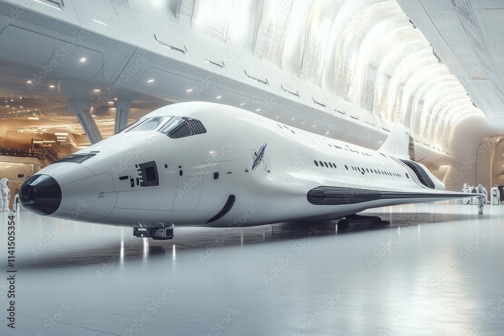 Futuristic Spacecraft in Modern Interior of High-Tech Hangar Futuristic Spacecraft in Modern Interior of High-Tech Hangar