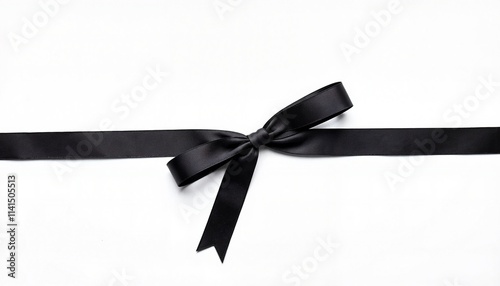 Black ribbon bow on white background, symbol of mourning with copy space
