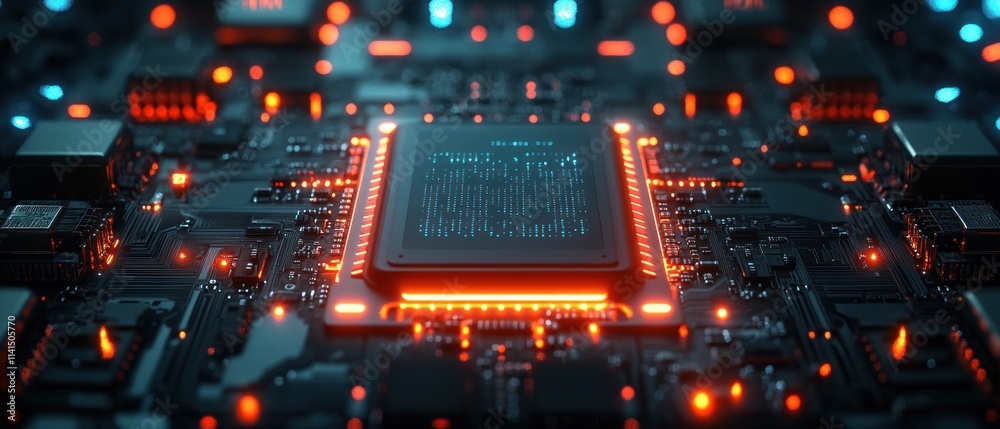 Obraz premium Closeup glowing circuit board with processor