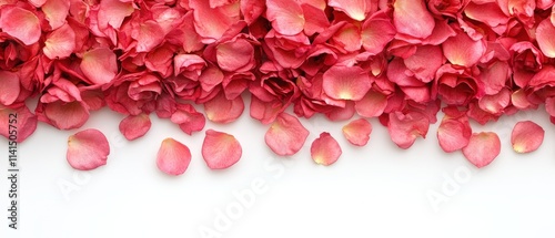 Close-up View of Blooming Pink Rose Petals Spread Across a White Surface for Decorative Banner Use