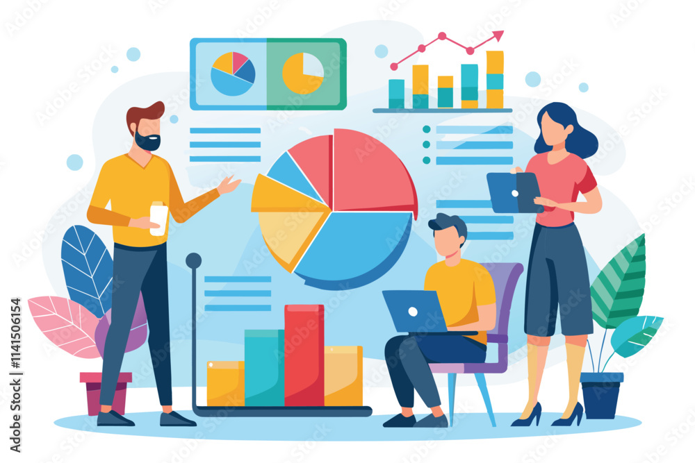 Entrepreneurs discuss pie chart statistics while analyzing data in a collaborative workspace, entrepreneurs analyze pie chart statistics Entrepreneurs discuss pie chart statistics while analyzing data in a collaborative workspace, entrepreneurs analyze pie chart statistics