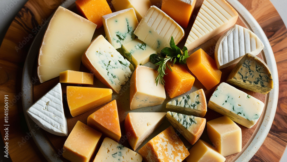 artisanal cheese dices and slices, arranged harmoniously on a rustic wooden cutting board or a delicate ceramic platter, showcasing an array of textures and hues, with creamy whites, golden yellows. artisanal cheese dices and slices, arranged harmoniously on a rustic wooden cutting board or a delicate ceramic platter, showcasing an array of textures and hues, with creamy whites, golden yellows.