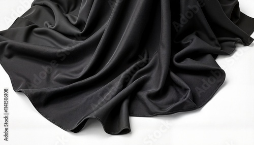  Elegant black fabric draped on white surface, abstract mourning symbolism