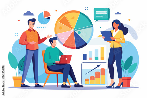 Entrepreneurs discuss pie chart statistics while analyzing data on a laptop in a stylish workspace, entrepreneurs analyze pie chart statistics