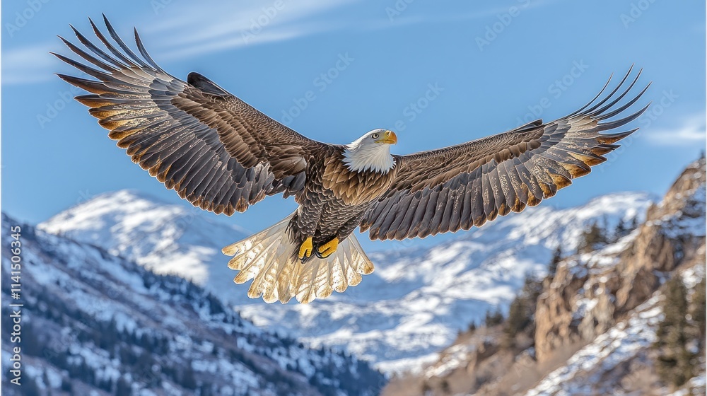 Obraz premium Bald eagle soaring over snow capped mountains