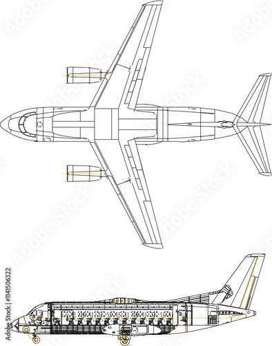 vector illustration of airplane section design with passenger seat interior details side by side 