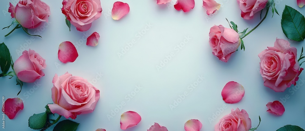 Close-Up of Blooming Pink Roses Surrounded by Petals on Light Background, Ideal for Decorative Web Banners and Floral Designs