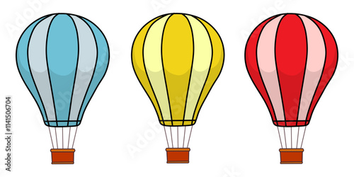 Illustration of three colorful hot air balloons in blue, yellow, and red, designed in a simple cartoon style.