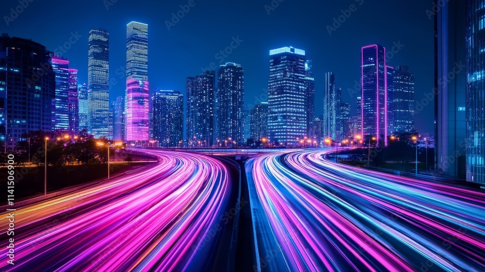 Fototapeta premium ネオンが輝くビル街の道路