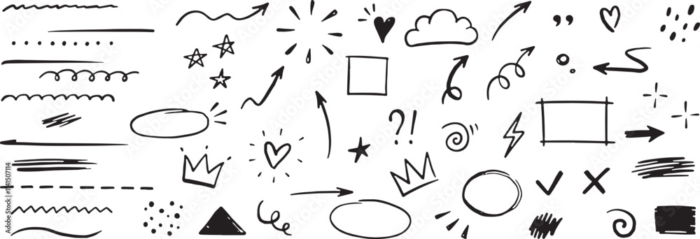 Arrow, heart brush element set. Handdrawn sketch marker underline shape, arrow, heart scribble brush pen stroke element. Line shape marker underline, Crown, love graphic icon. Vector illustration 