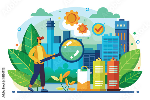 An individual examines environmental factors in a city landscape filled with buildings and plants, Environmental audit Customizable Semi Flat Illustration