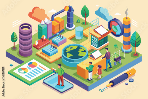 Illustration showcases individuals conducting an environmental audit with graphs and factory structures present, Environmental audit Customizable Isometric Illustration