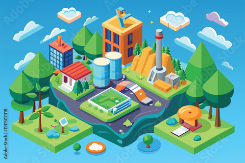 A vibrant isometric illustration depicts sustainable urban development with energy sources and green spaces, Environmental study Customizable Isometric Illustration