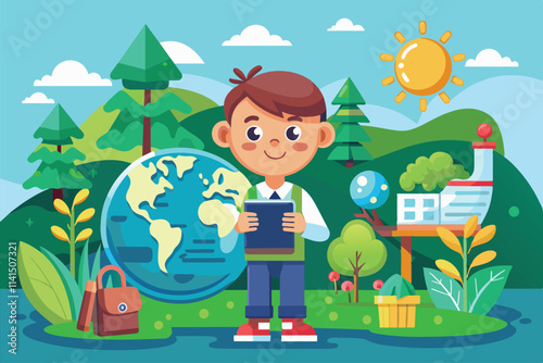 A boy dressed in casual clothes engages in environmental exploration while holding a tablet, Environmental study Customizable Cartoon Illustration