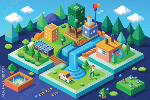 A vibrant depiction of urban sustainability with renewable resources and eco-friendly practices illustrated, Environmental study Customizable Isometric Illustration