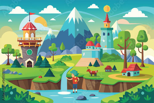 A boy stands by a waterfall, surrounded by mountains, trees, and colorful houses, Environment Customizable Cartoon Illustration