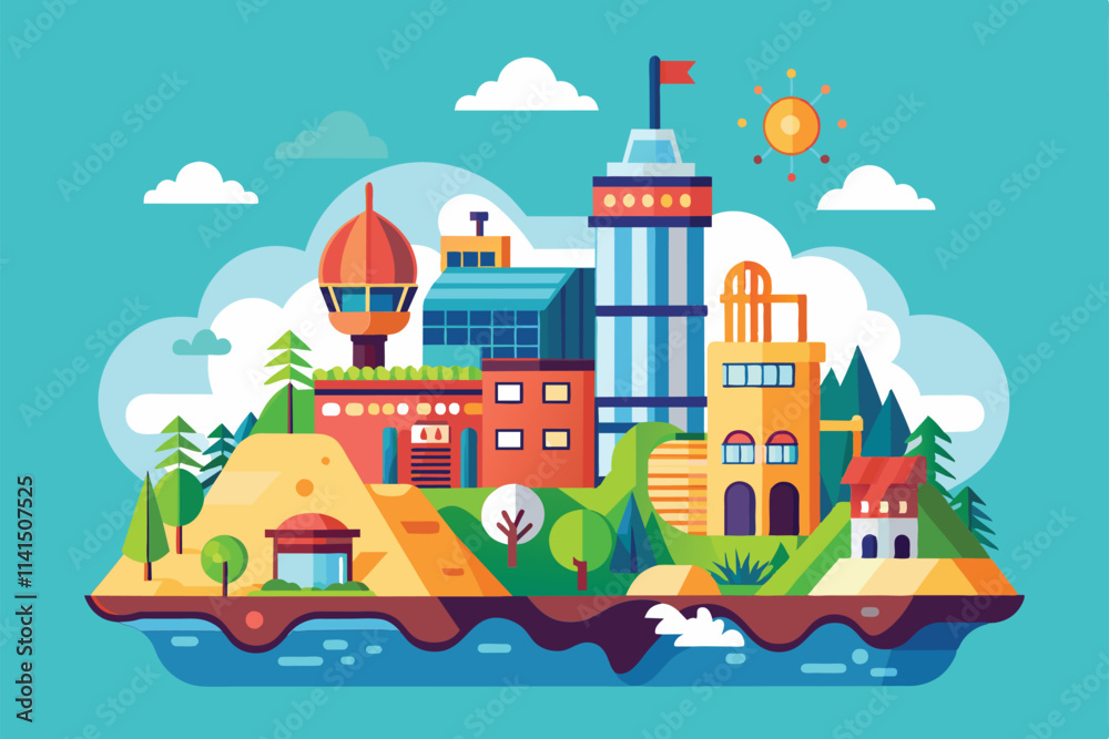 Fototapeta premium This colorful landscape showcases a modern city with diverse architecture and natural features by the water, Environment Customizable Flat Illustration