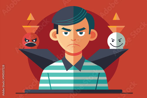 A person shows frustration amidst opposing characters symbolizing anger and happiness, Envy Customizable Disproportionate Illustration
