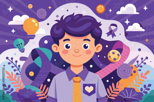 A friendly character highlights epilepsy awareness in a vibrant, engaging setting with colorful symbols, Epilepsy Customizable Cartoon Illustration