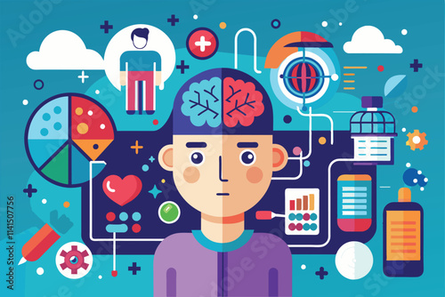 A flat illustration highlights epilepsy awareness through symbolic graphics and brain health elements in vibrant colors, Epilepsy Customizable Flat Illustration