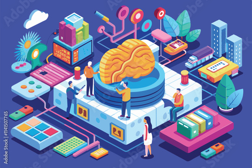 Professionals engage in discussions around a brain model to enhance epilepsy understanding and awareness, Epilepsy Customizable Isometric Illustration