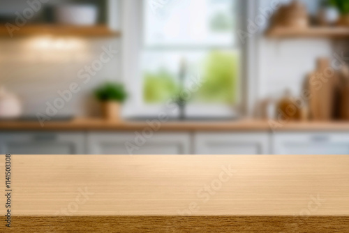 Kitchen wood table top for product display with blurred modern interior. Wooden tabletop over defocused kitchen background. kitchen furniture and desk space. product promotion in the kitchen