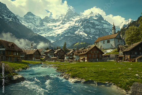 A cinematic still, a picturesque mountain village with charming wooden buildings with white walls, nestled amidst snow-capped peaks and greenery.