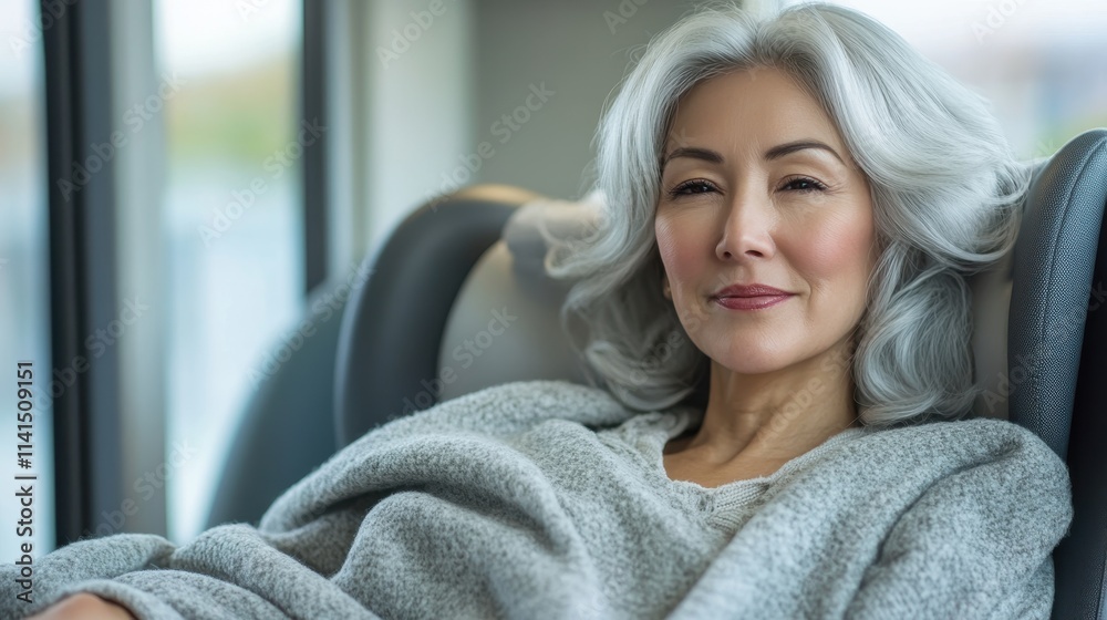 Senior Woman Relaxing Comfortably in Reclining Train Seat Enjoying Serenity and Leisure During Journey Senior Woman Relaxing Comfortably in Reclining Train Seat Enjoying Serenity and Leisure During Journey