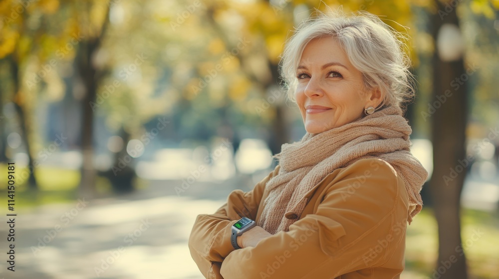Senior Woman Enjoying a Brisk Morning Walk in a Vibrant Urban Park Surrounded by Beautiful Fall Foliage and Sunshine Senior Woman Enjoying a Brisk Morning Walk in a Vibrant Urban Park Surrounded by Beautiful Fall Foliage and Sunshine