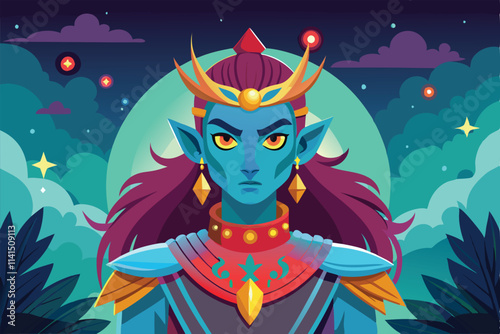 A blue-skinned warrior with regal attire gazes fiercely across a magical, starlit landscape Ethereal Customizable Cartoon Illustration