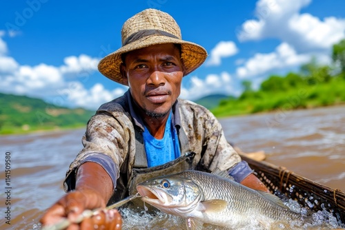 A dramatic shot of a fisherman reeling in a large, jumping fish, with water splashing around them