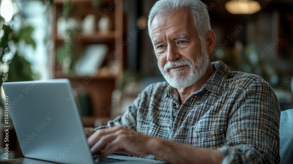 Senior man sitting at home with laptop engaged in online research in a cozy indoor environment surrounded by plants and warm lighting Senior man sitting at home with laptop engaged in online research in a cozy indoor environment surrounded by plants and warm lighting