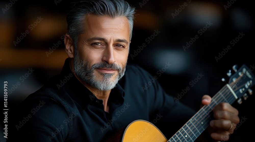 Mature Man Playing Guitar with Warm Expression and Stylish Appearance Mature Man Playing Guitar with Warm Expression and Stylish Appearance