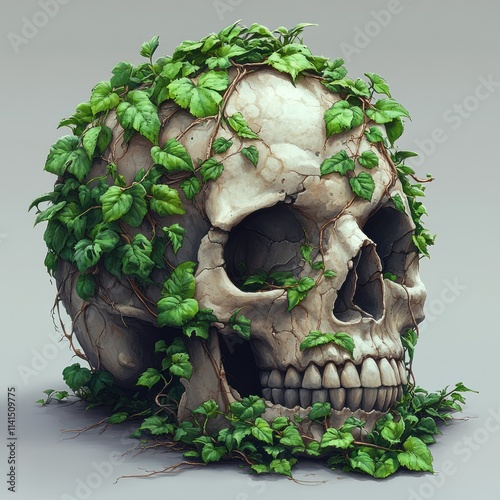 A skull entwined with green vines, symbolizing the fusion of life and death.