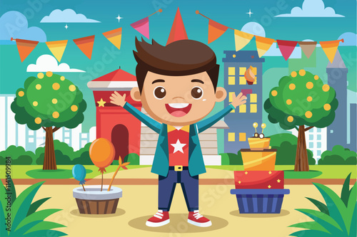 A happy boy enjoys his birthday party surrounded by balloons, gifts, and festive decorations in a park Events Customizable Cartoon Illustration