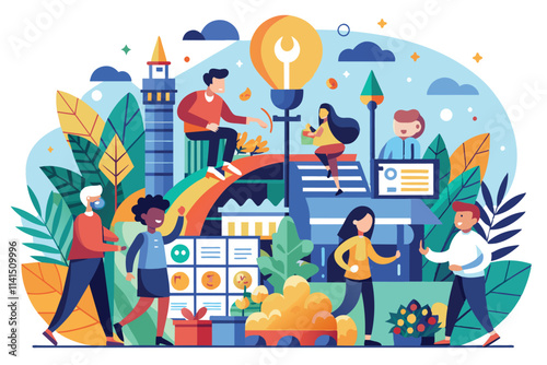 Community members enjoy various activities together in a lively urban park during a sunny afternoon Events Customizable Disproportionate Illustration