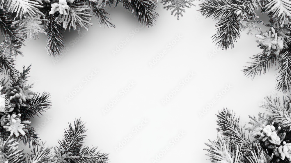 A snowy pine branch frame on a white background, ideal for holiday-themed designs. A snowy pine branch frame on a white background, ideal for holiday-themed designs.