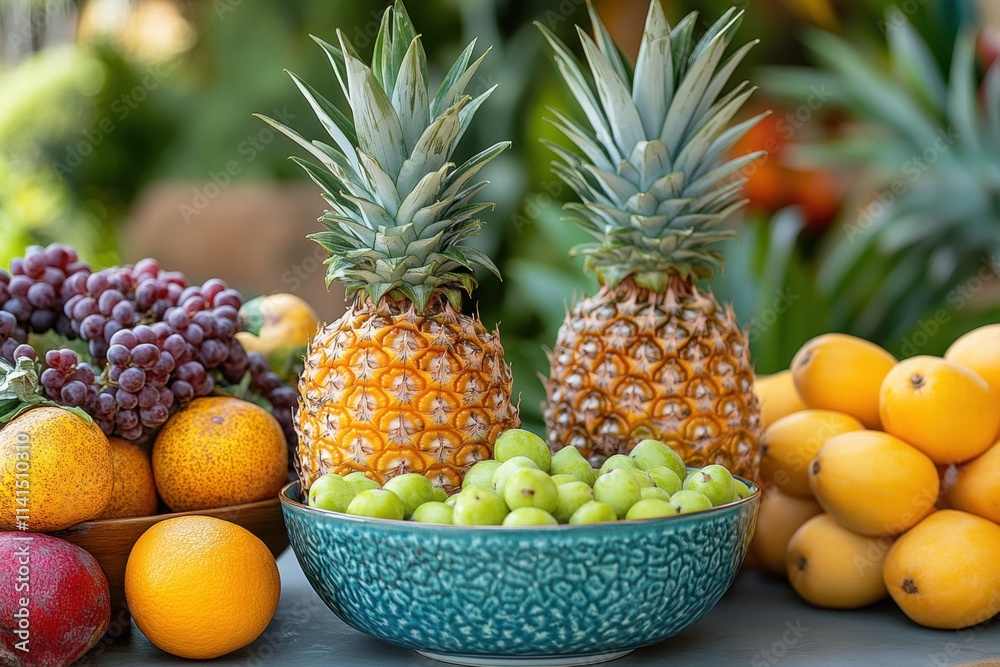Fresh Tropical Fruits and Colorful Produce Display on Table Fresh Tropical Fruits and Colorful Produce Display on Table