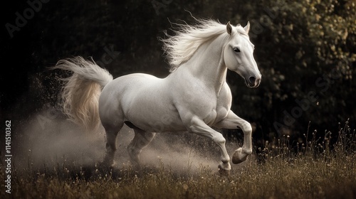 A majestic white horse galloping through a grassy field, creating a cloud of dust.