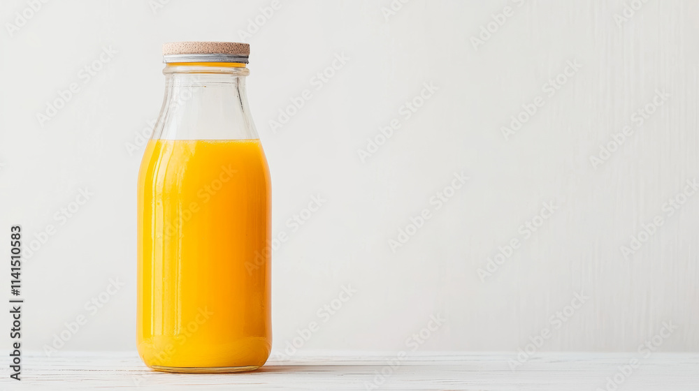 Fresh orange juice in glass bottle with wooden cap, showcasing its vibrant yellow color. Perfect for healthy breakfast or refreshing drink Fresh orange juice in glass bottle with wooden cap, showcasing its vibrant yellow color. Perfect for healthy breakfast or refreshing drink