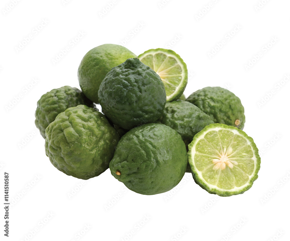 A pile of Kaffir Limes, Whole and Halved: A vibrant pile of fresh kaffir limes, showcasing their bumpy green skin and juicy interiors. Cut out. A pile of Kaffir Limes, Whole and Halved: A vibrant pile of fresh kaffir limes, showcasing their bumpy green skin and juicy interiors. Cut out.
