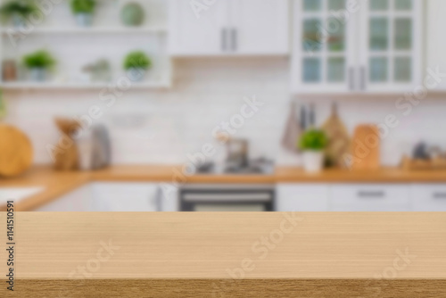 Kitchen wood table top for product display with blurred modern interior. Wooden tabletop over defocused kitchen background. kitchen furniture and desk space. product promotion in the kitchen