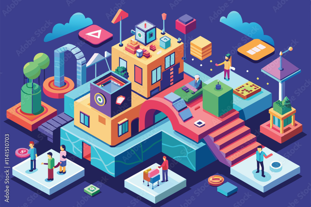A colorful isometric design showcasing people involved in various activities and interactions in a lively setting Exciting news Customizable Isometric Illustration A colorful isometric design showcasing people involved in various activities and interactions in a lively setting Exciting news Customizable Isometric Illustration