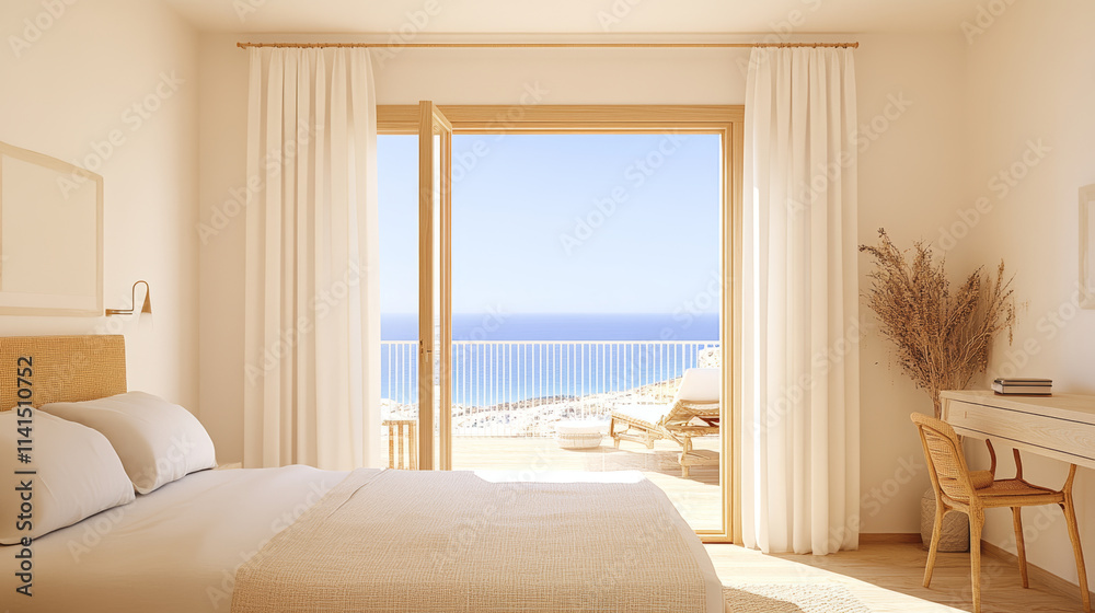 A serene bedroom with stunning ocean view, featuring cozy bed, light curtains, and stylish desk. calming atmosphere invites relaxation and tranquility A serene bedroom with stunning ocean view, featuring cozy bed, light curtains, and stylish desk. calming atmosphere invites relaxation and tranquility