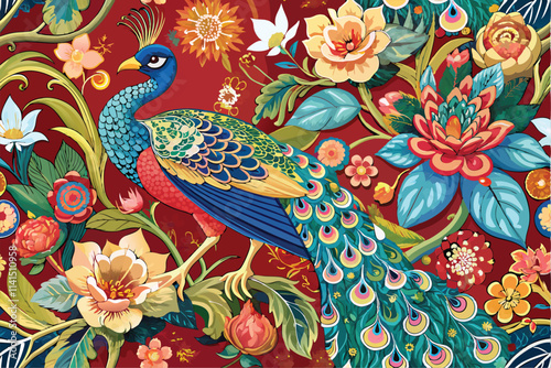 A colorful peacock surrounded by exotic flowers and lush foliage with a striking red backdrop Exotic chinoiserie peacock seamless pattern,